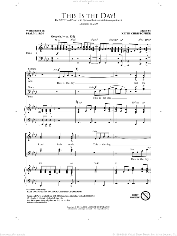 This Is The Day sheet music for choir (SATB: soprano, alto, tenor, bass) by Keith Christopher, intermediate skill level