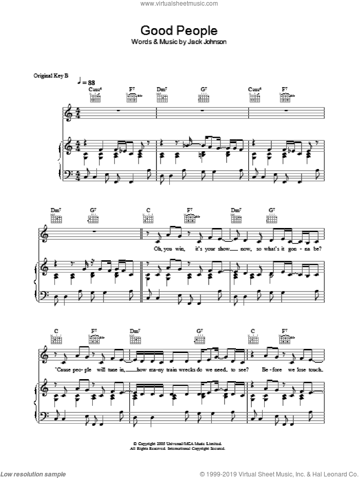 Good People sheet music for voice, piano or guitar by Jack Johnson, intermediate skill level