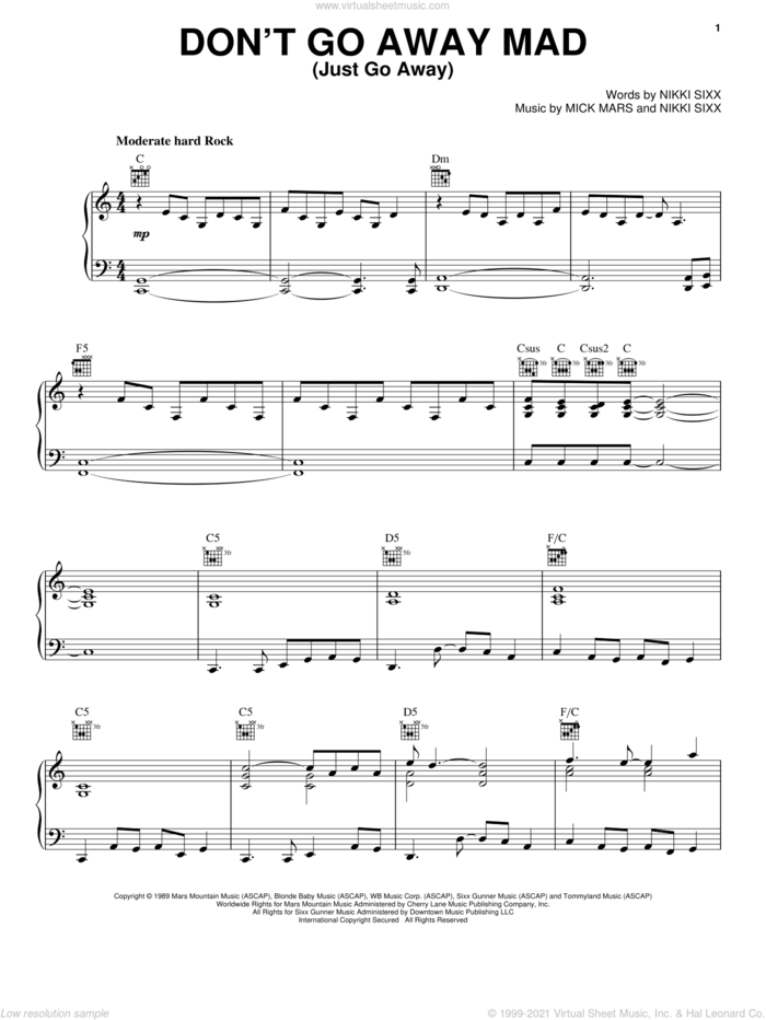 Don't Go Away Mad (Just Go Away) sheet music for voice, piano or guitar by Motley Crue, intermediate skill level