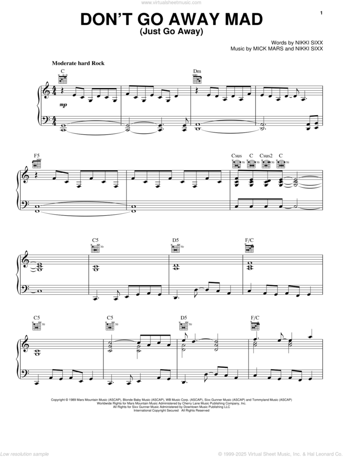 Don't Go Away Mad (Just Go Away) sheet music for voice, piano or guitar by Motley Crue, intermediate skill level