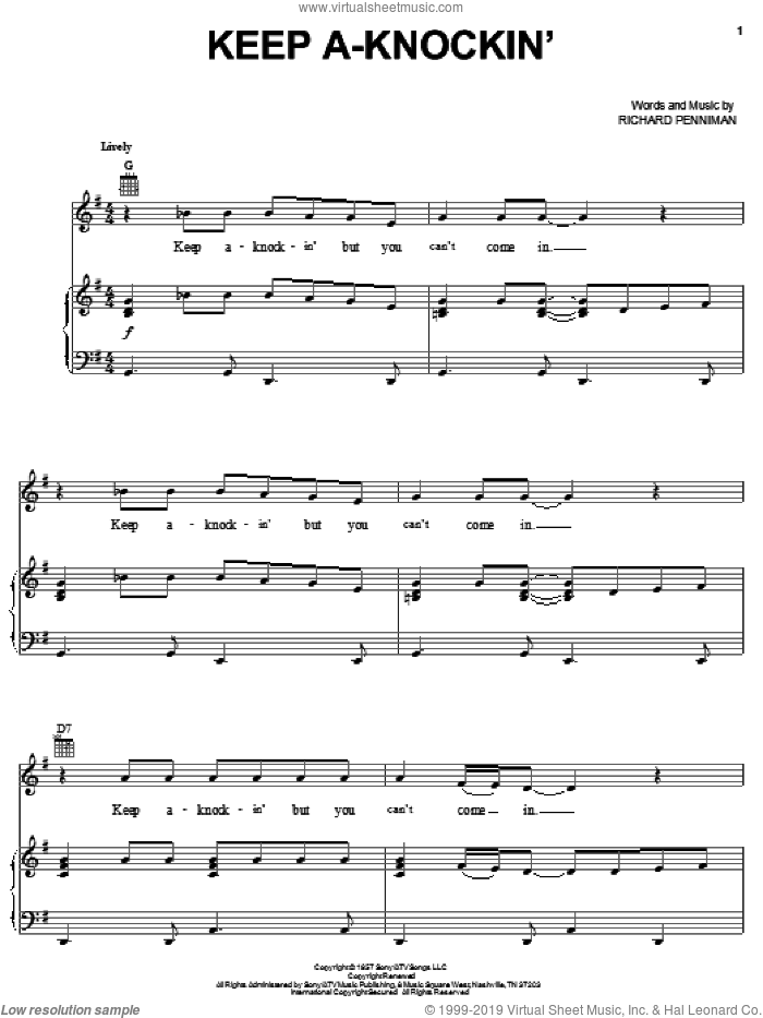 Keep A-Knockin' sheet music for voice, piano or guitar by Little Richard and Richard Penniman, intermediate skill level