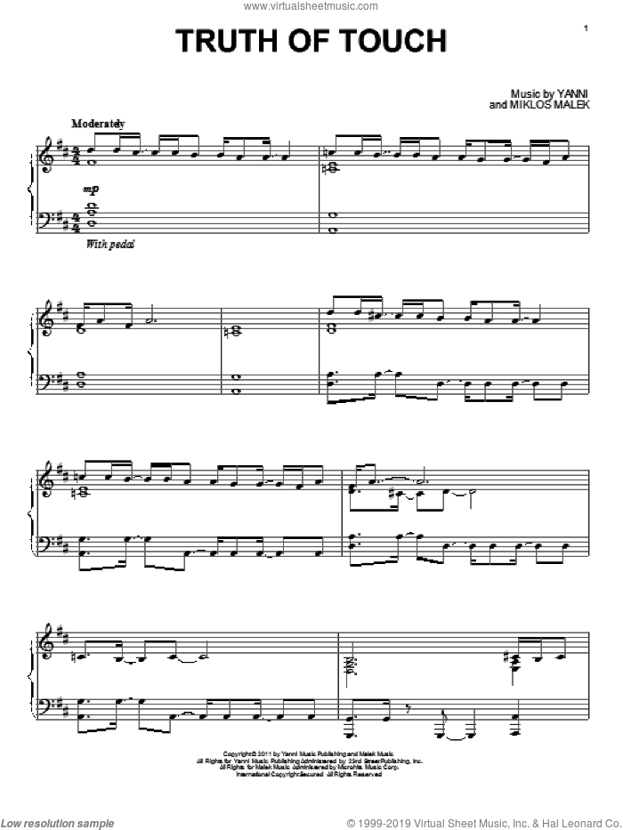 Truth Of Touch sheet music for piano solo by Yanni, intermediate skill level