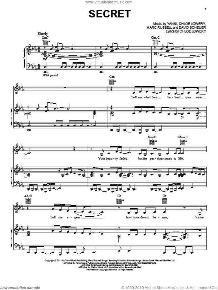 Secret sheet music for piano solo by Yanni, intermediate skill level