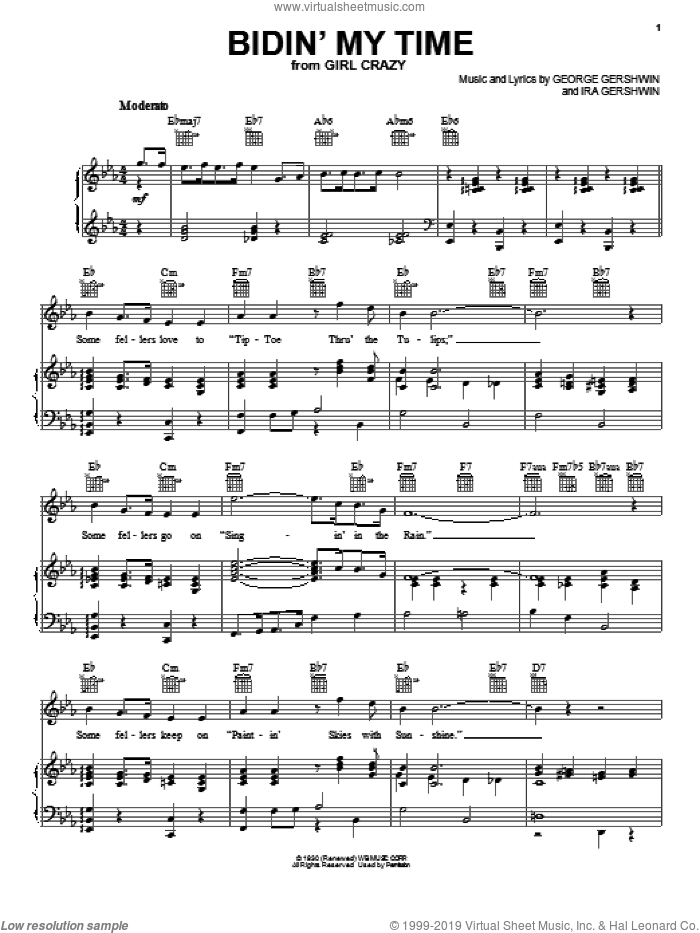 Bidin' My Time sheet music for voice, piano or guitar by Ira Gershwin and George Gershwin, intermediate skill level