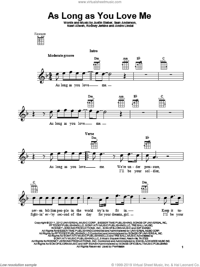 As Long As You Love Me sheet music for ukulele by Justin Bieber, intermediate skill level