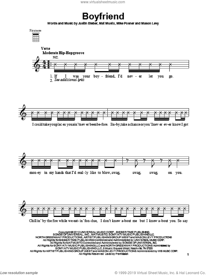 Boyfriend sheet music for ukulele by Justin Bieber, intermediate skill level