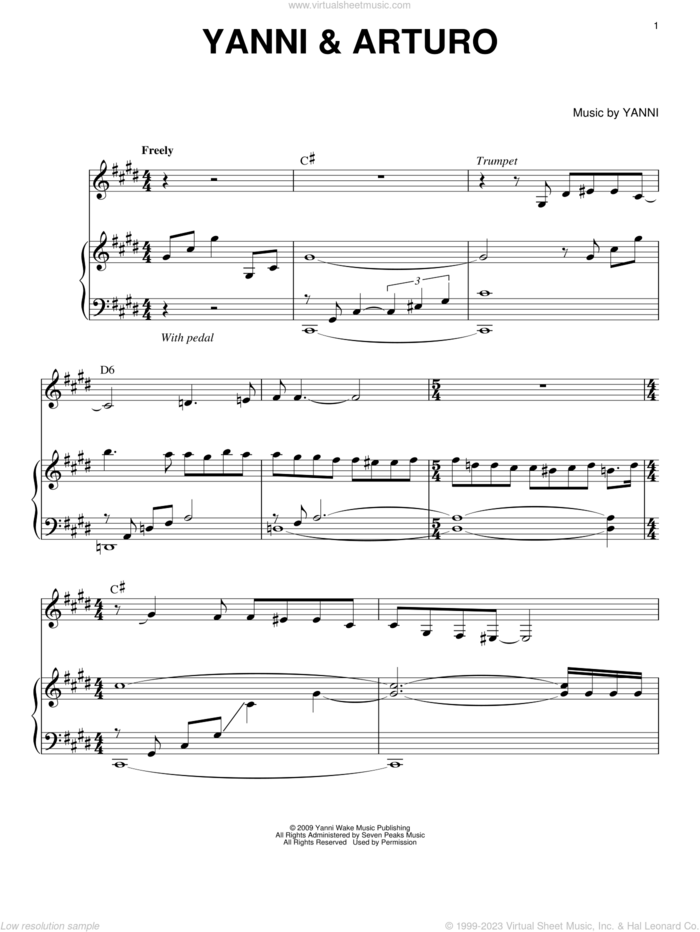 Yanni and Arturo sheet music for piano solo by Yanni, intermediate skill level