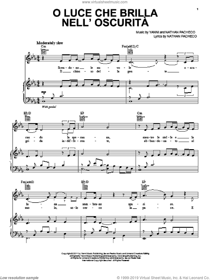 O Luce Che Brilla Nell'Oscurita sheet music for piano solo by Yanni, intermediate skill level