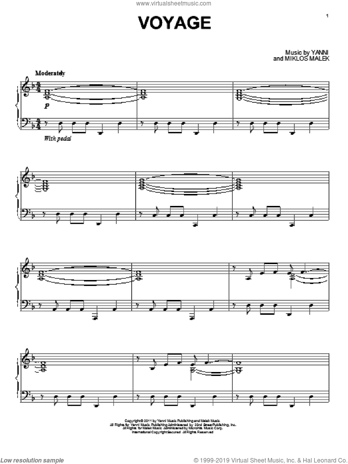 Voyage sheet music for piano solo by Yanni, intermediate skill level