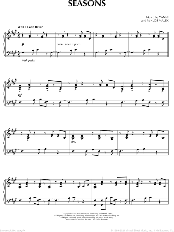 Seasons sheet music for piano solo by Yanni, intermediate skill level