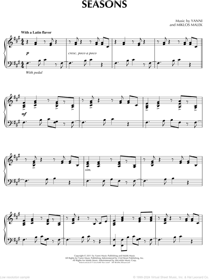 Seasons sheet music for piano solo by Yanni, intermediate skill level