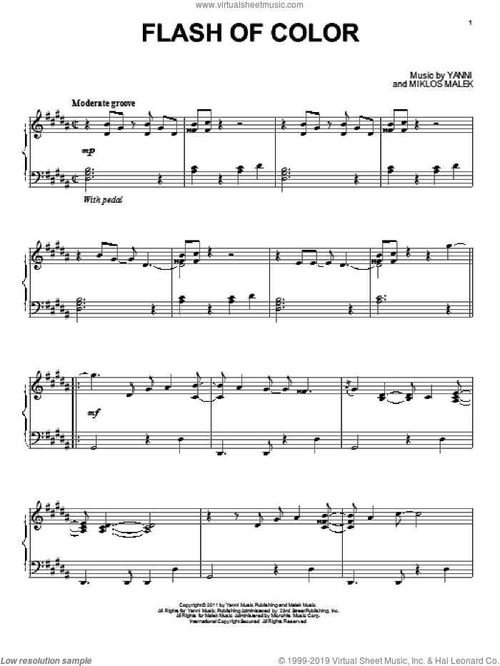 Flash Of Color sheet music for piano solo by Yanni, intermediate skill level