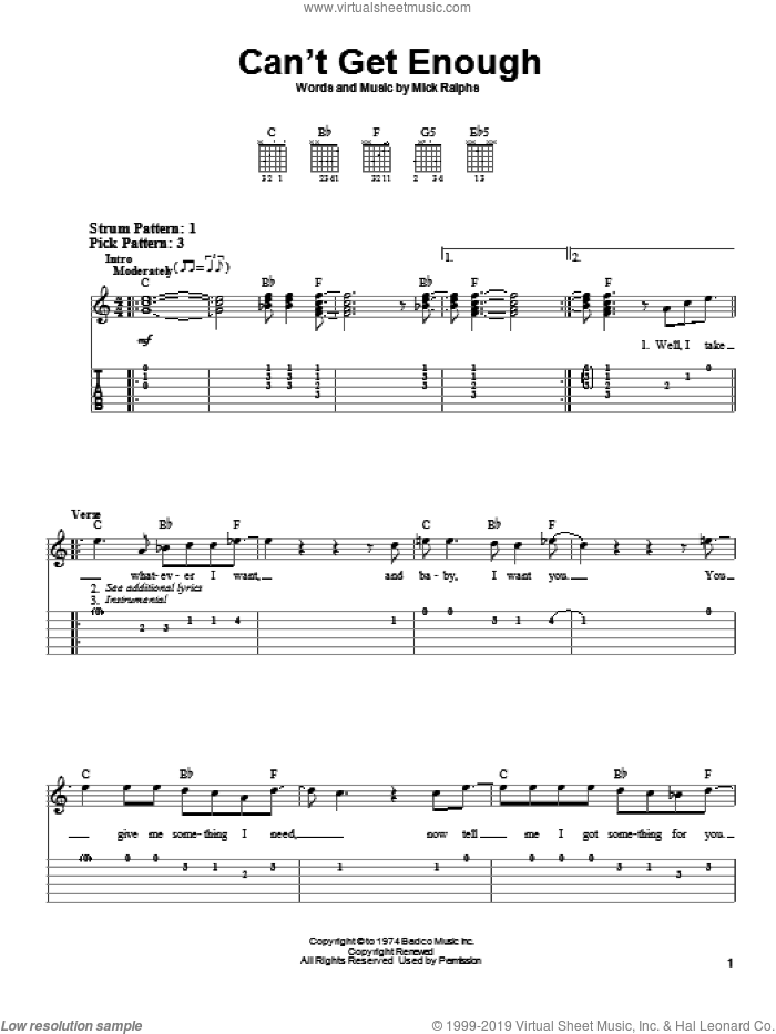 Can't Get Enough sheet music for guitar solo (easy tablature) by Bad Company, easy guitar (easy tablature)