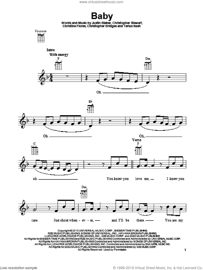 Baby sheet music for ukulele by Justin Bieber, intermediate skill level