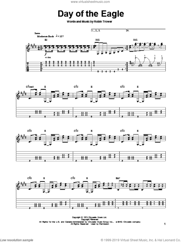 Day Of The Eagle sheet music for guitar (tablature, play-along) by Robin Trower, intermediate skill level