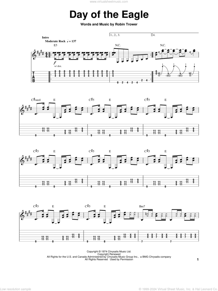 Day Of The Eagle sheet music for guitar (tablature, play-along) by Robin Trower, intermediate skill level
