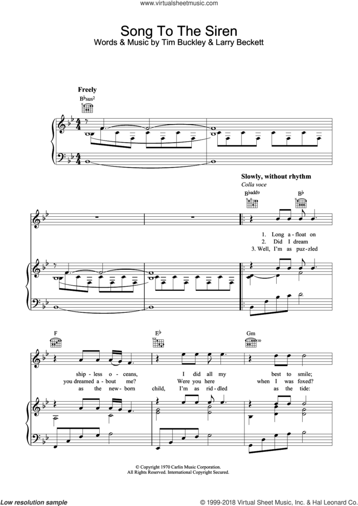 Song To The Siren sheet music for voice, piano or guitar by Tim Buckley and Larry Beckett, intermediate skill level