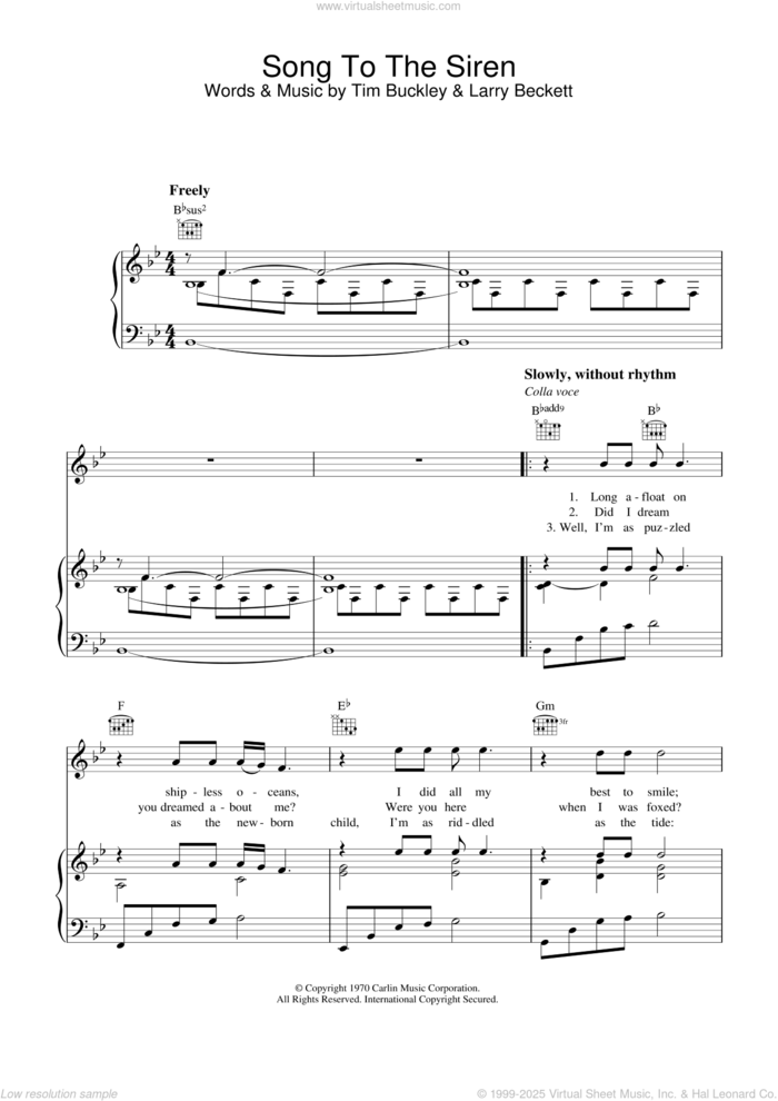 Song To The Siren sheet music for voice, piano or guitar by Tim Buckley and Larry Beckett, intermediate skill level