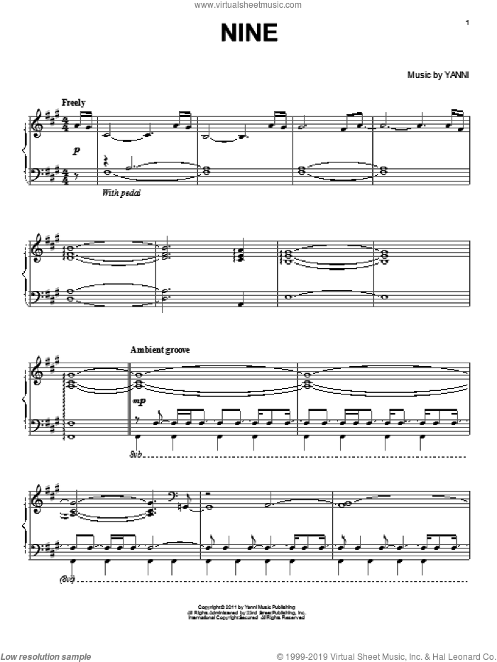 Nine sheet music for piano solo by Yanni, intermediate skill level