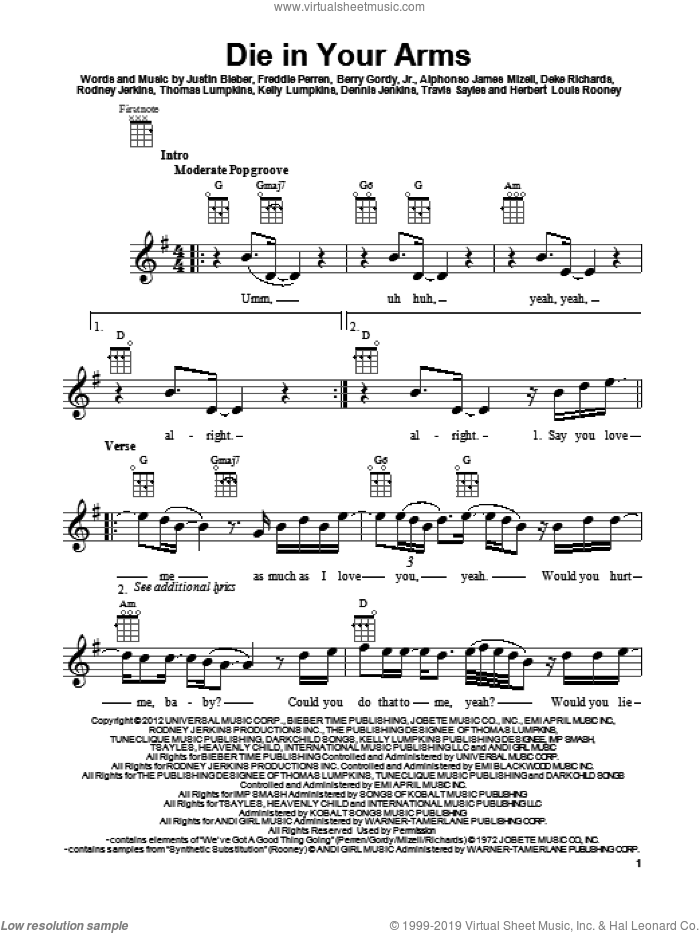 Die In Your Arms sheet music for ukulele by Justin Bieber, intermediate skill level