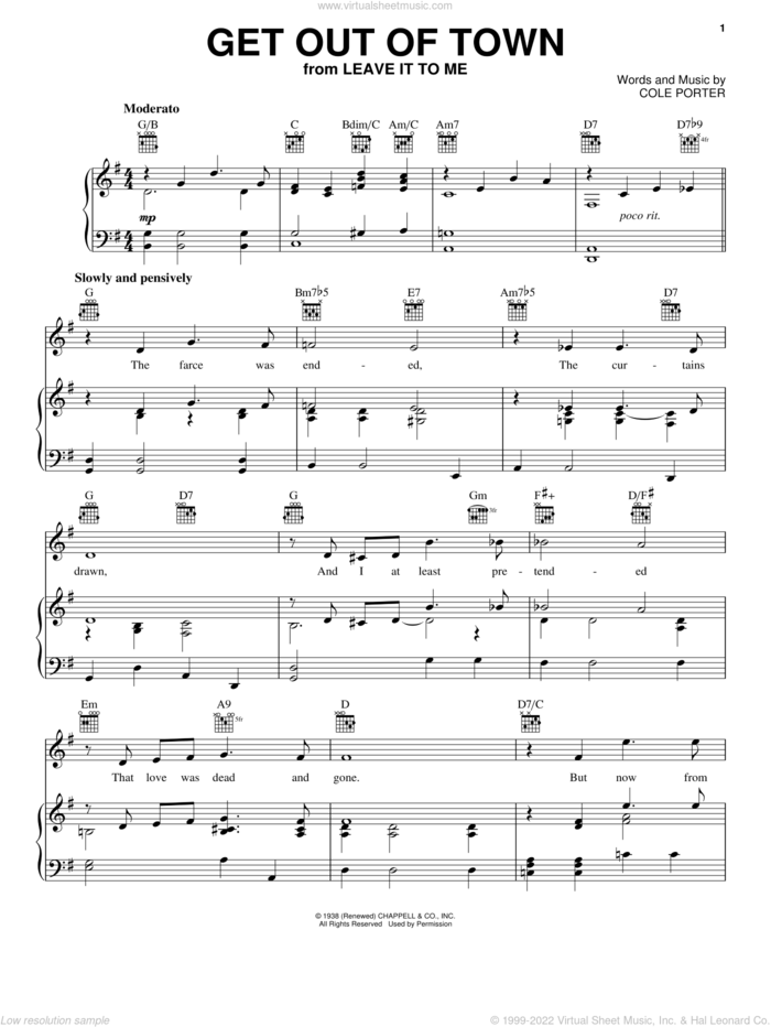 Get Out Of Town sheet music for voice, piano or guitar by Cole Porter, intermediate skill level