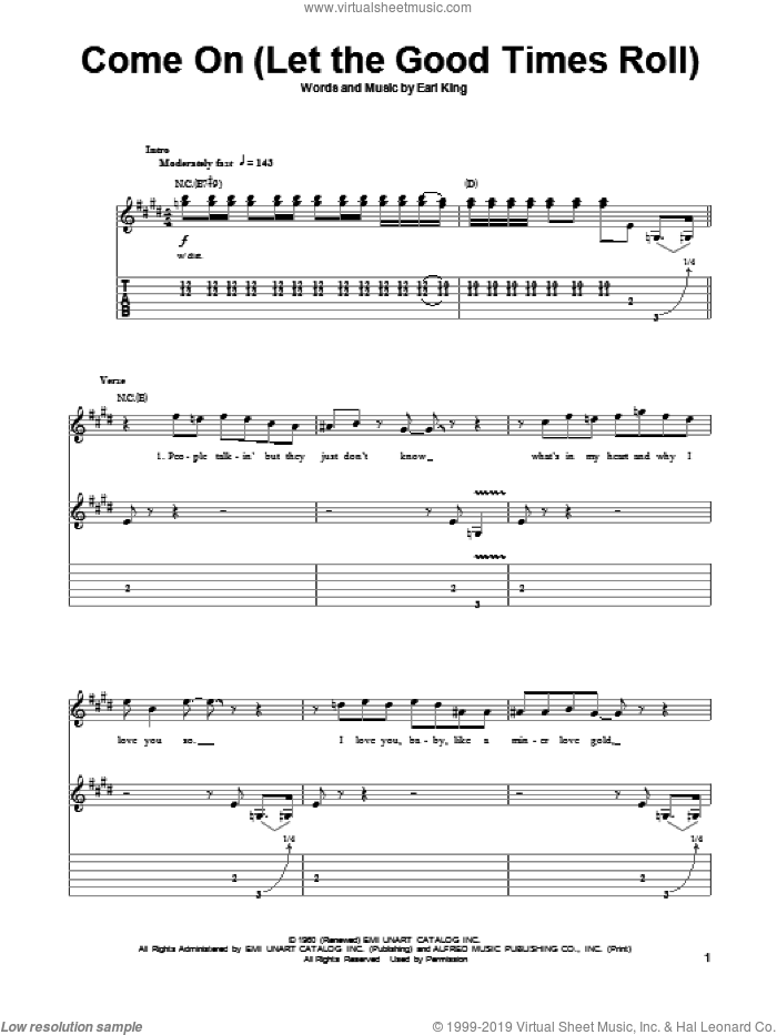 Come On (Part 1) sheet music for guitar (tablature, play-along) by Jimi Hendrix, intermediate skill level