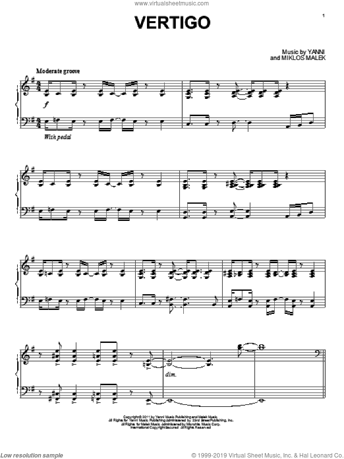 Vertigo sheet music for piano solo by Yanni, intermediate skill level