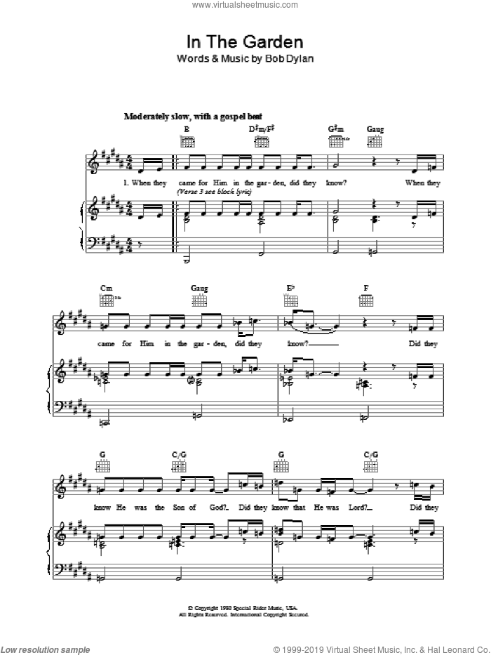 In The Garden sheet music for voice, piano or guitar by Bob Dylan, intermediate skill level