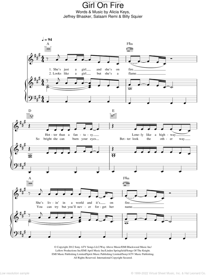 Girl On Fire sheet music for voice, piano or guitar by Alicia Keys, Billy Squier, Jeffrey Bhasker and Salaam Remi, intermediate skill level