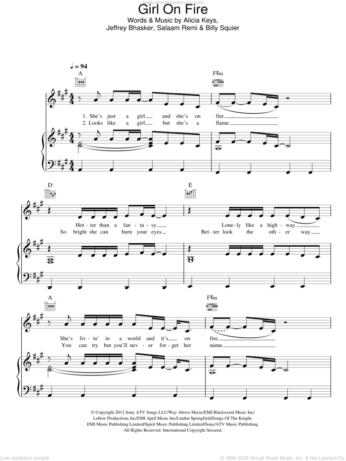 Girl On Fire sheet music for voice, piano or guitar by Alicia Keys, Billy Squier, Jeffrey Bhasker and Salaam Remi, intermediate skill level