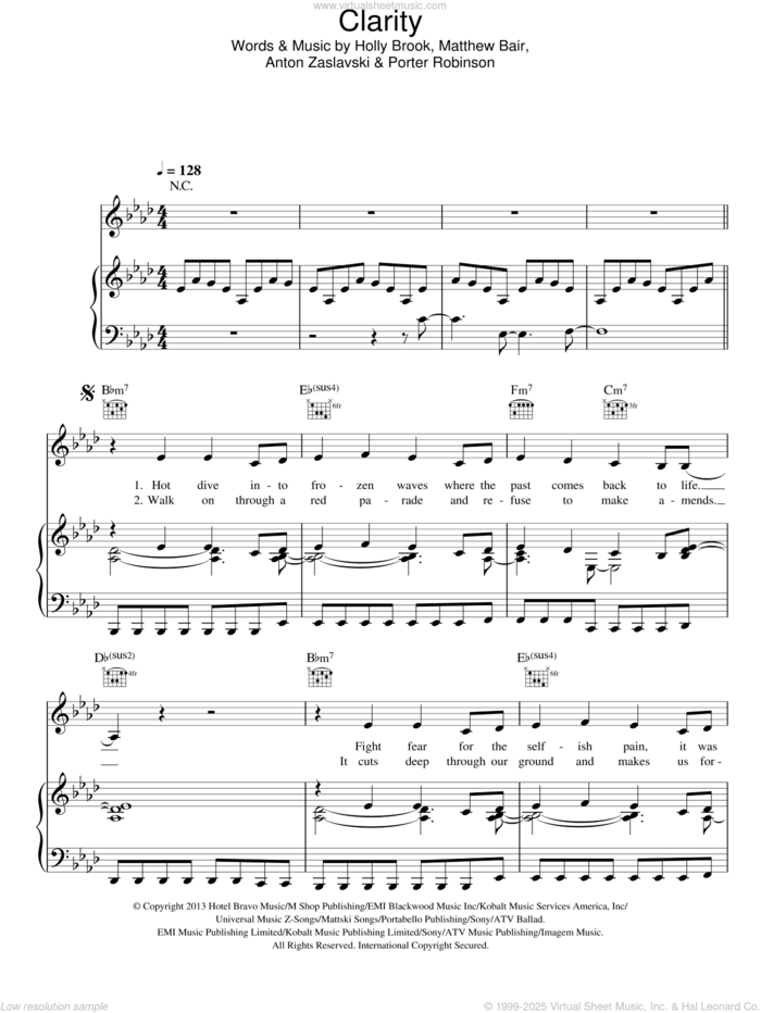 Clarity sheet music for voice, piano or guitar by Zedd, Anton Zaslavski, Holly Brook, Matthew Bair and Porter Robinson, intermediate skill level