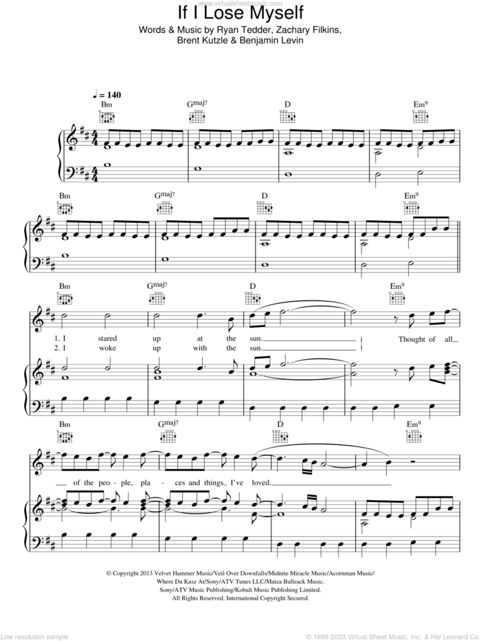 If I Lose Myself sheet music for voice, piano or guitar by OneRepublic, Benjamin Levin, Brent Kutzle, Ryan Tedder and Zack Filkins, intermediate skill level