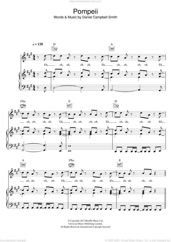 Pompeii sheet music for voice, piano or guitar by Bastille and Daniel Campbell Smith, intermediate skill level