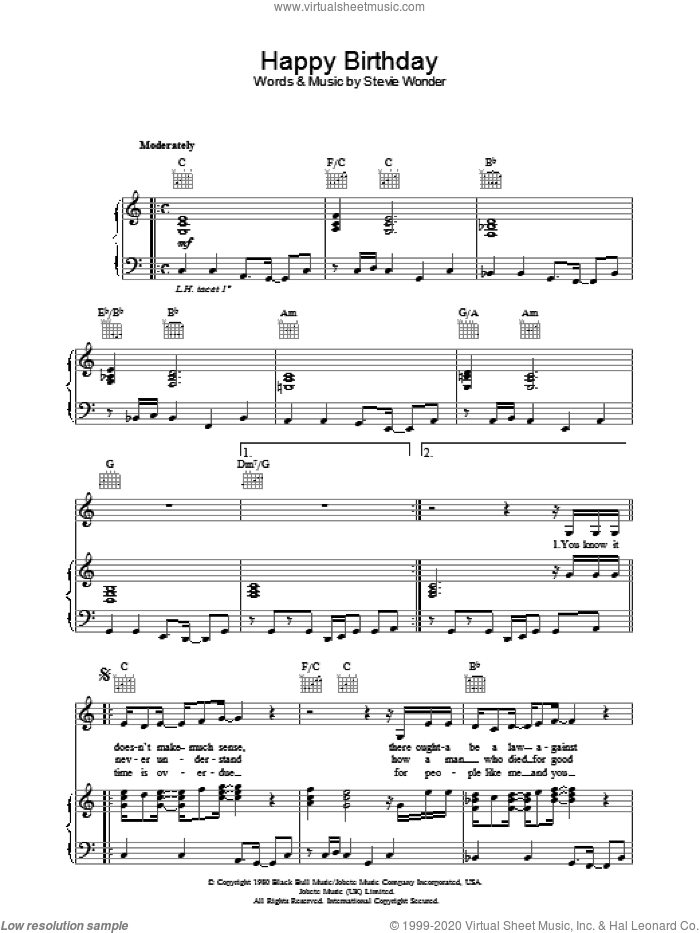 Happy Birthday sheet music for voice, piano or guitar by Stevie Wonder, intermediate skill level