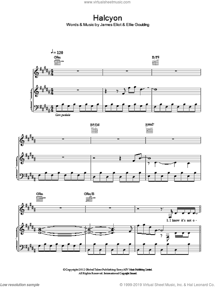 Halcyon sheet music for voice, piano or guitar by Ellie Goulding and James Eliot, intermediate skill level