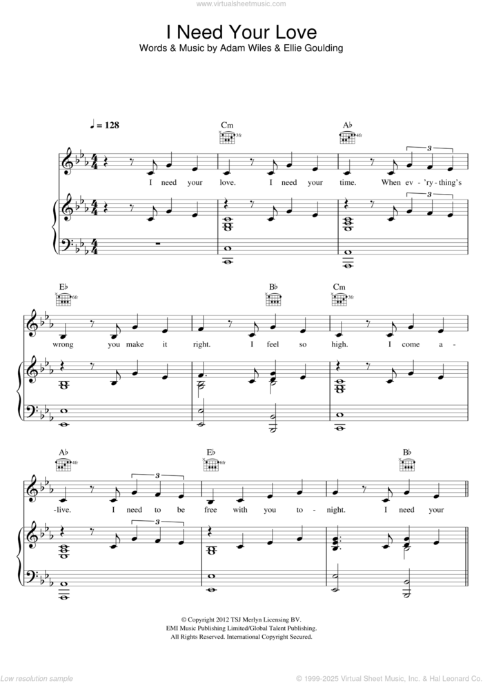 I Need Your Love (featuring Ellie Goulding) sheet music for voice, piano or guitar by Ellie Goulding, Calvin Harris and Adam Wiles, intermediate skill level