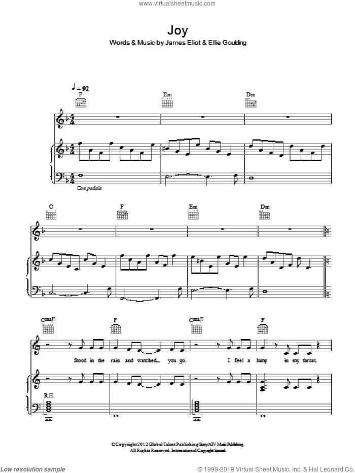 Joy sheet music for voice, piano or guitar by Ellie Goulding and James Eliot, intermediate skill level