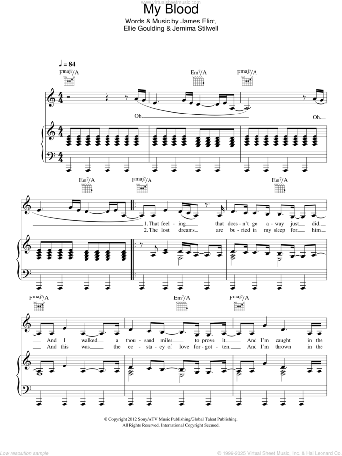My Blood sheet music for voice, piano or guitar by Ellie Goulding, James Eliot and Jemima Stilwell, intermediate skill level