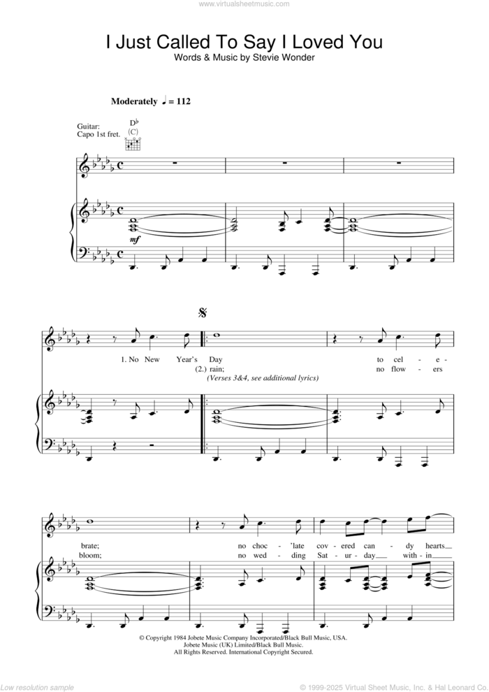 I Just Called To Say I Love You sheet music for voice, piano or guitar by Stevie Wonder, intermediate skill level