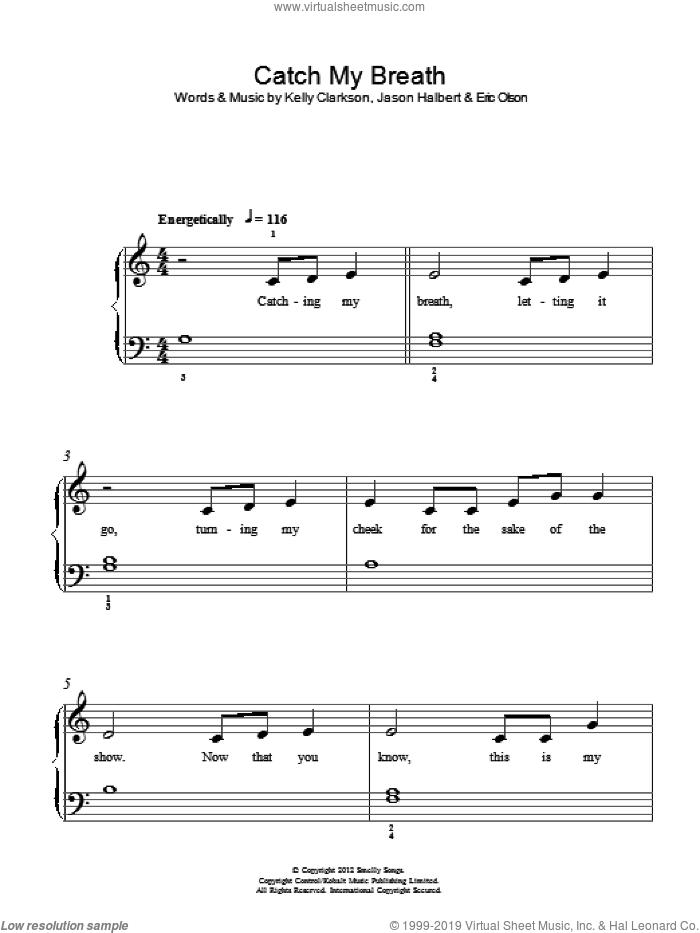 Catch My Breath sheet music for piano solo by Kelly Clarkson, Eric Olson and Jason Halbert, easy skill level