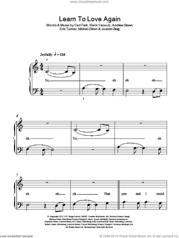 Learn To Love Again sheet music for piano solo by LAWSON, Andrew Brown, Carl Falk, Eric Turner, Joakim Berg, Michel Zitron and Rami, easy skill level
