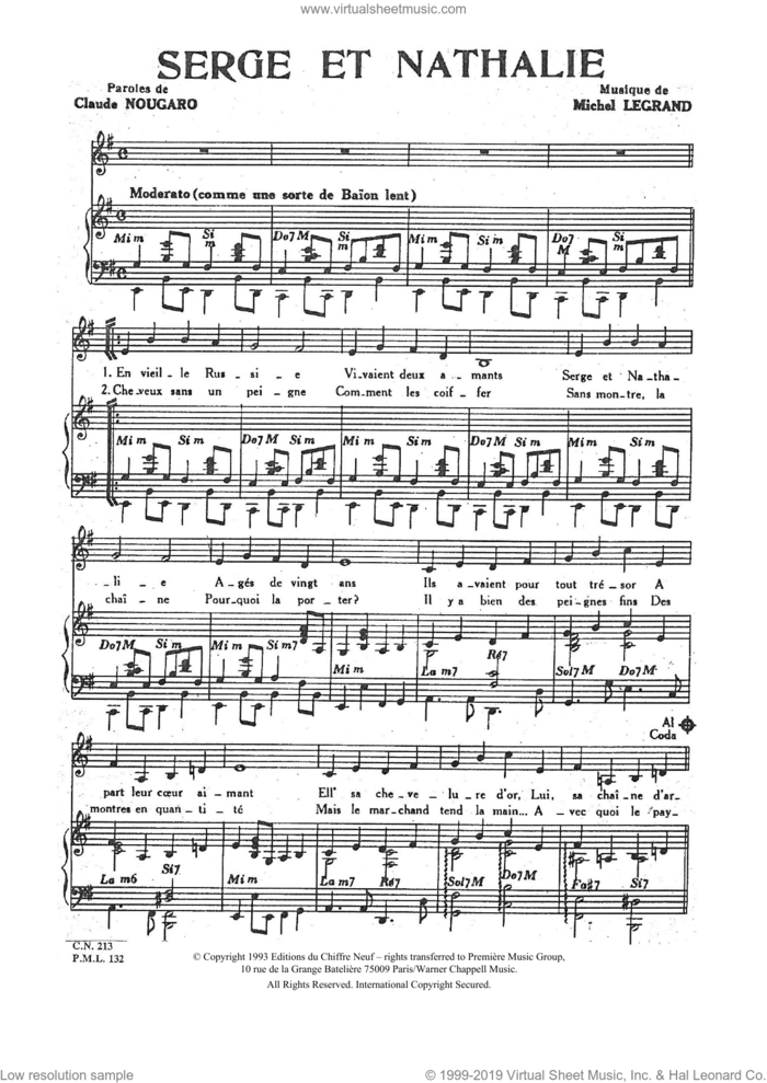 Serge Et Nathalie sheet music for voice and piano by Claude Nougaro and Michel LeGrand, intermediate skill level