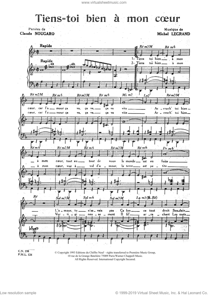 Tiens Toi Bien A Mon Coeur sheet music for voice and piano by Claude Nougaro and Michel LeGrand, intermediate skill level