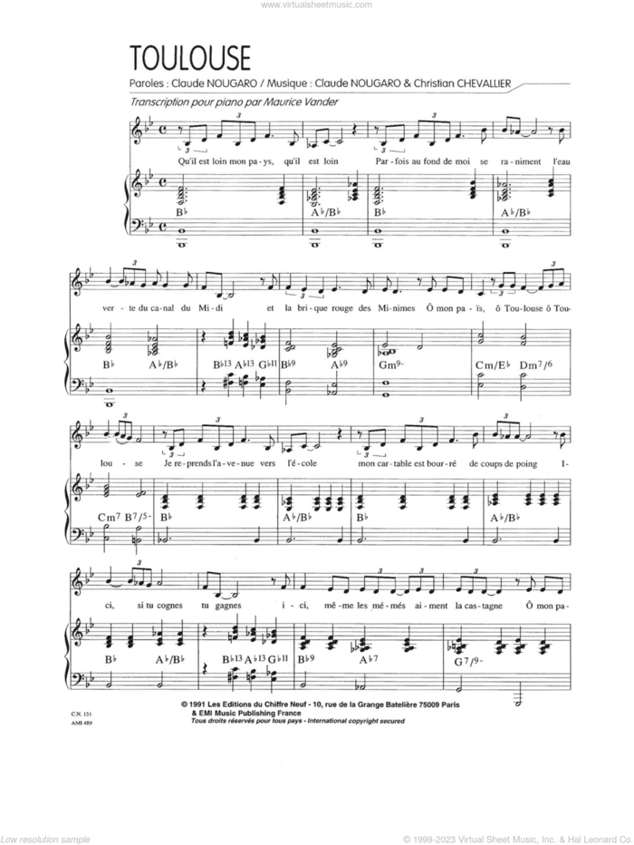 Toulouse sheet music for voice and piano by Claude Nougaro and Christian Chevallier, intermediate skill level
