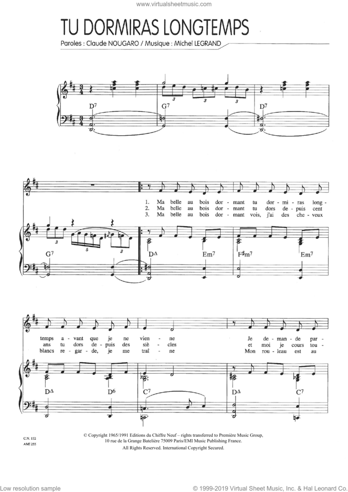 Tu Dormiras Longtemps sheet music for voice and piano by Claude Nougaro and Michel LeGrand, intermediate skill level
