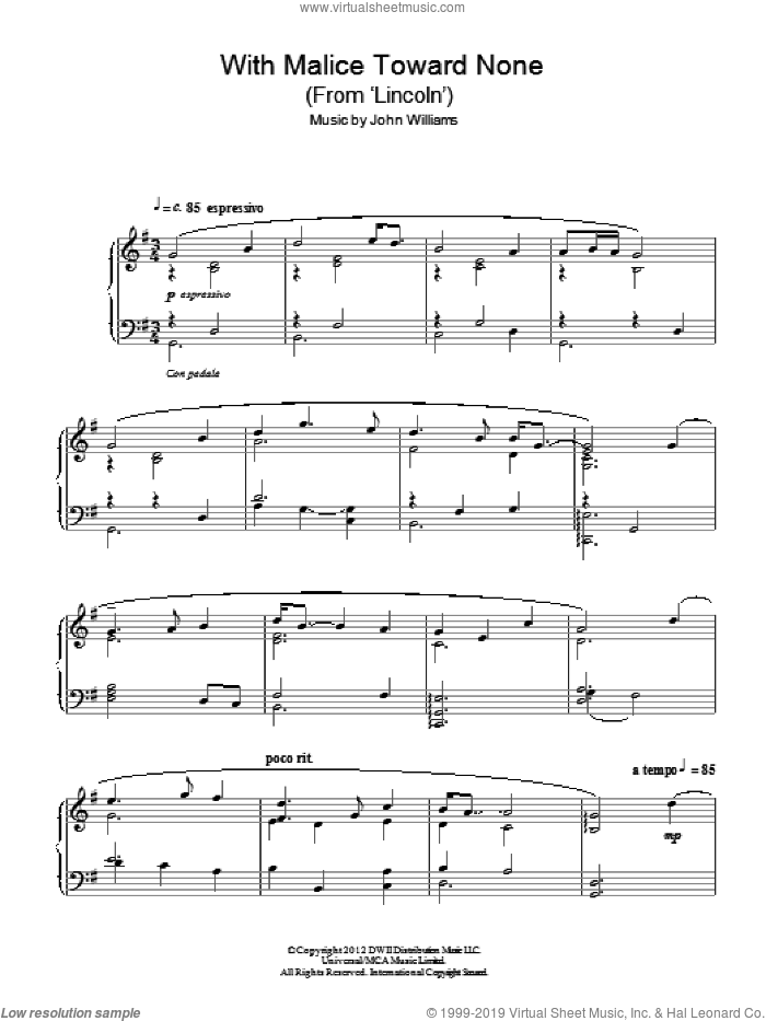 With Malice Toward None (From 'Lincoln') sheet music for piano solo by John Williams, intermediate skill level