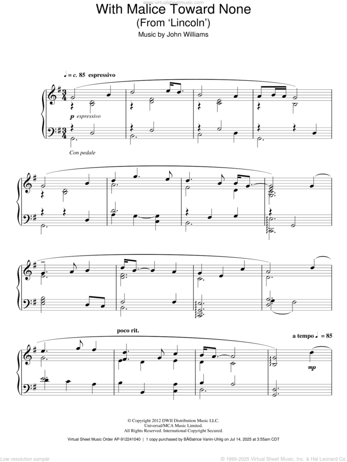 With Malice Toward None (From 'Lincoln') sheet music for piano solo by John Williams, intermediate skill level