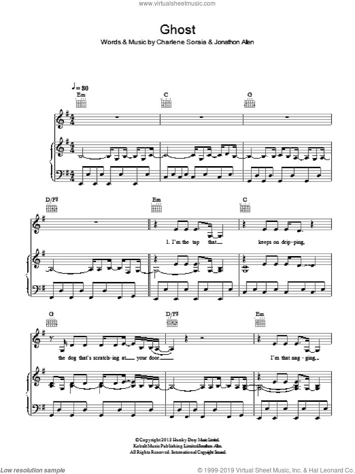 Ghost sheet music for voice, piano or guitar by Charlene Soraia and Jonathon Allen, intermediate skill level