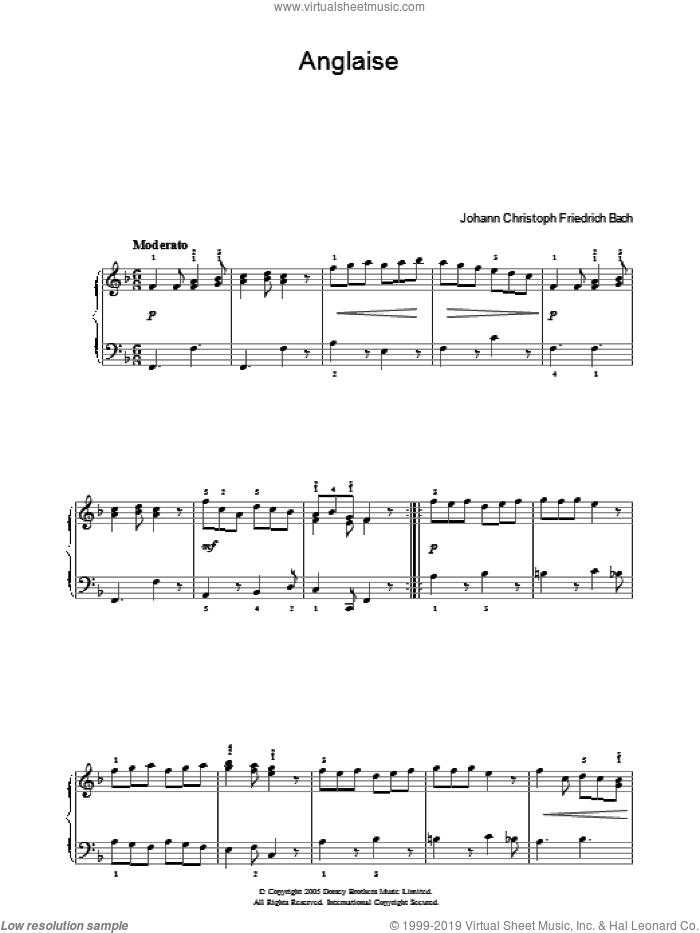 Anglaise sheet music for piano solo by Johann Christoph Friedrich Bach, classical score, intermediate skill level