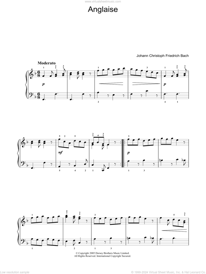 Anglaise sheet music for piano solo by Johann Christoph Friedrich Bach, classical score, intermediate skill level